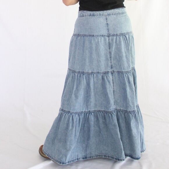 NWT M Jeans By Maurice Size 10 Long Modest Blue Jean Ruffle Maxi Denim Skirt - Picture 3 of 6